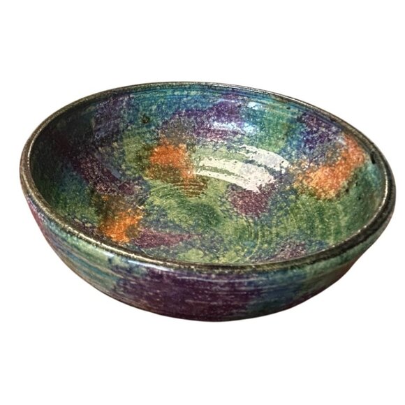 Handcrafted 2010 signed Malsnee Pottery Bowl Multicolor Glaze green purple orang - Picture 2 of 16